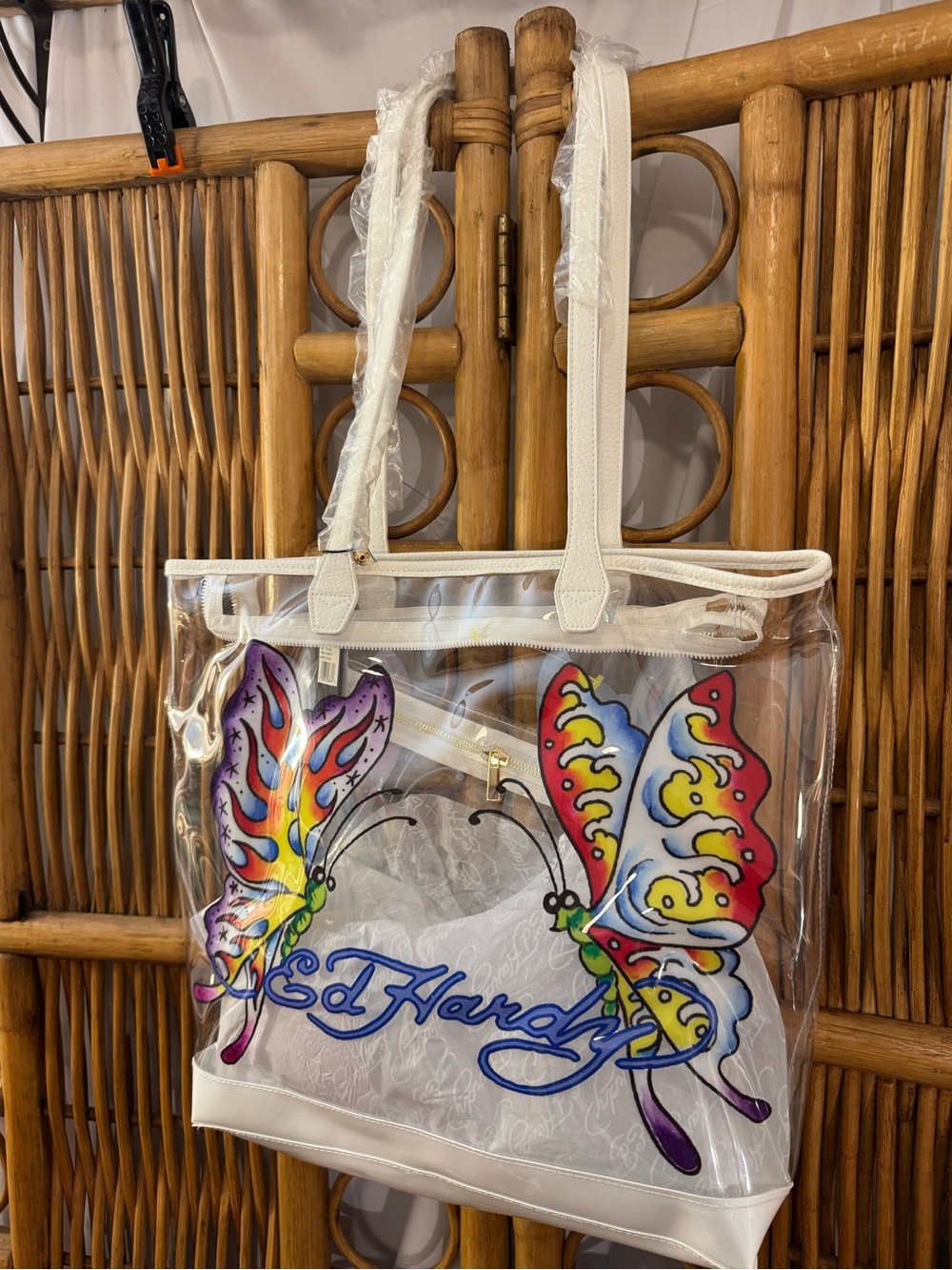 Ed Hardy Clear Tote with Multicolor Butterfly Artwork and White Trim Y2K ✨
